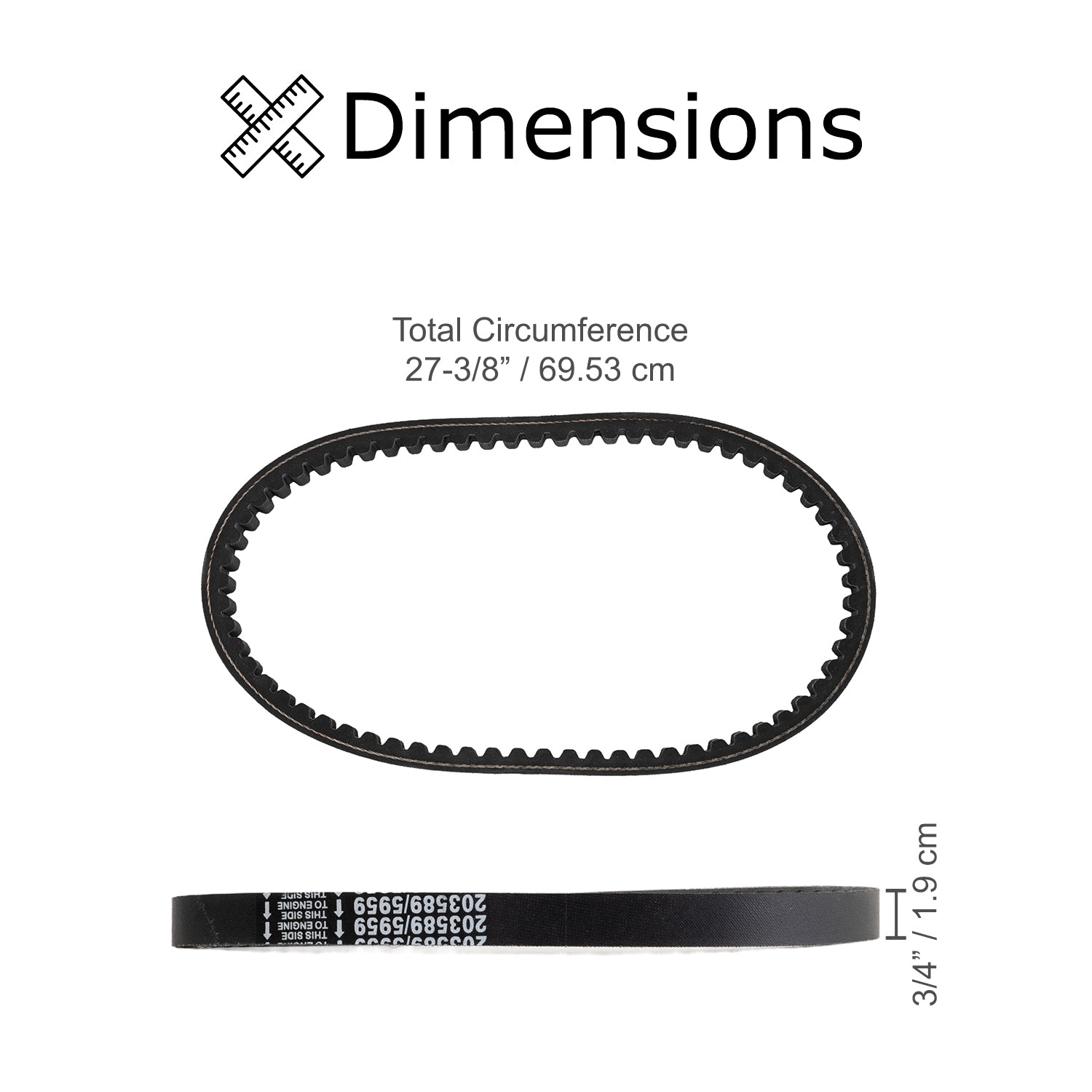 Drive Belt for the Baja Blaster (BB65) & Sand Dog (SD65) Go-Karts, featuring brown stitching and white text, displayed in a detailed diagram.