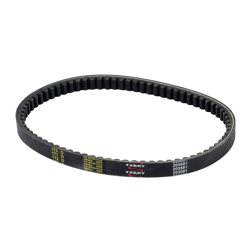 203581 Go-Kart Torque Converter Symmetric Belt (Comet Series 20 Replacement) featuring a black belt with yellow writing, designed to fit Yerf-Dog and Hammerhead go-karts.