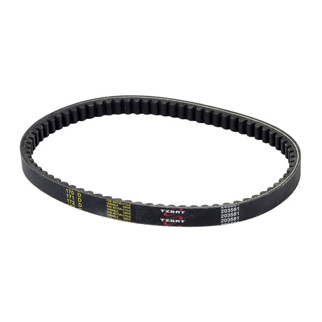 203581 Go-Kart Torque Converter Symmetric Belt (Comet Series 20 Replacement) featuring a black belt with yellow writing, designed to fit Yerf-Dog and Hammerhead go-karts.