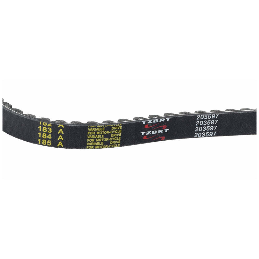 203597 37X98 Go-Kart Torque Converter Asymmetric Belt, close-up of black belt with yellow writing, designed for Comet Series 30 & Murray replacements, showing distinct angles and asymmetric shape.