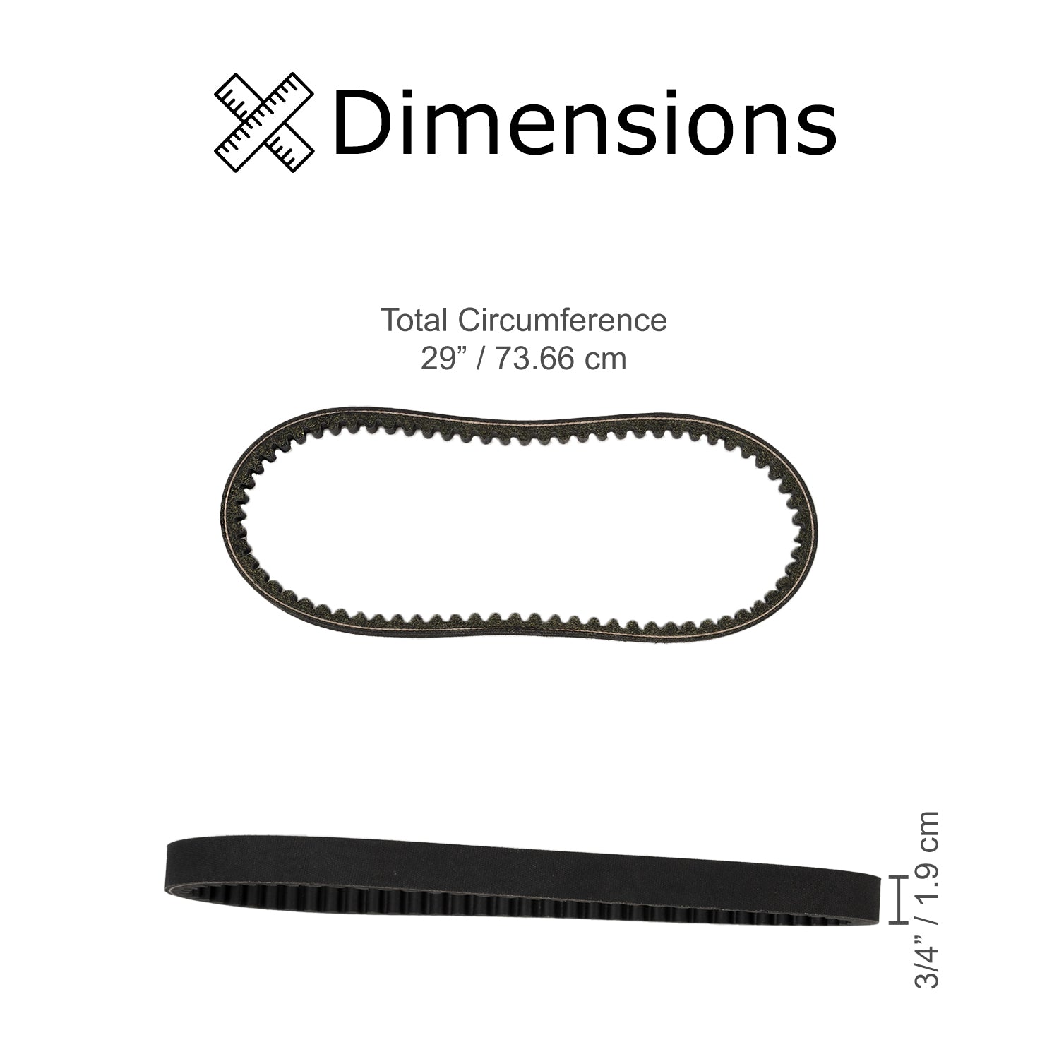 203590 Go-Kart Torque Converter Asymmetric Belt (Comet TAV2 Series 30 Replacement) shown in a diagram, highlighting its asymmetric design with a 3/4 wide top face and specific angular features.