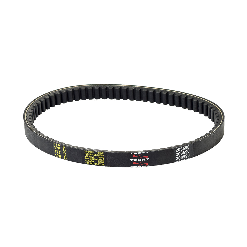 203590 Go-Kart Torque Converter Asymmetric Belt (Comet TAV2 Series 30 Replacement) shown as a black belt with yellow writing.