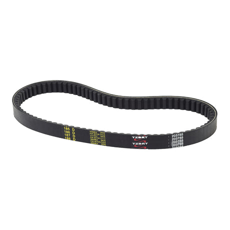 203785 Go-Kart Torque Converter Symmetric Belt (Comet TAV2 Series 40 & Manco Replacement); a black belt with yellow text, suitable for go-kart torque converters, featuring precise dimensions and angular sides.