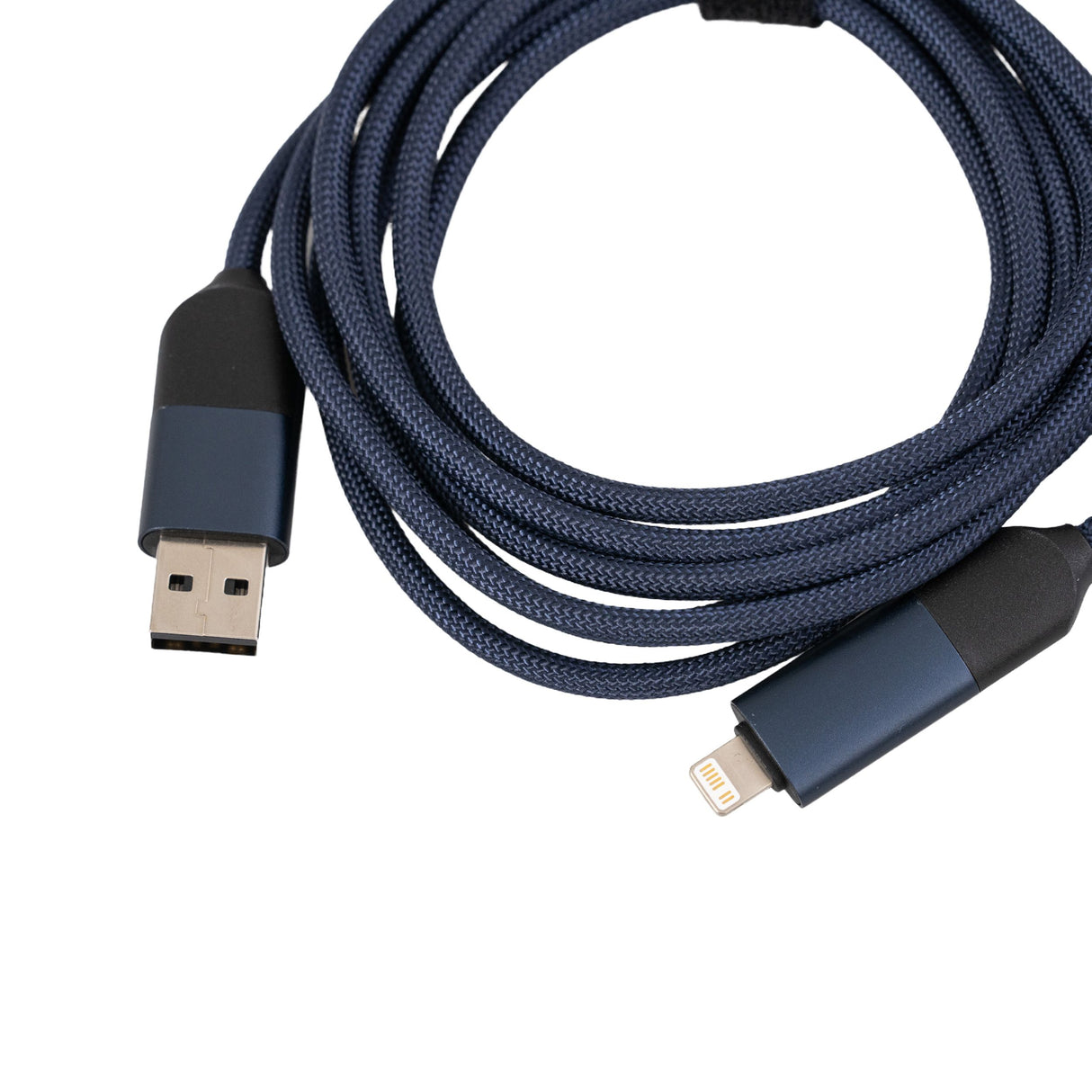 Close-up of the Toocki 4-in-1 Fast Charging USB-C to USB-C with USB-A & Lightning Cable Attachment, highlighting the connectors and cable texture, ideal for iPhone, Samsung, and other devices.