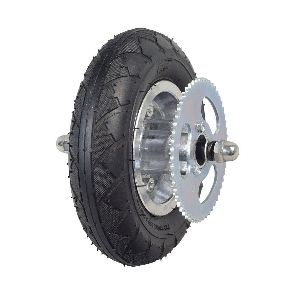 Front Wheel Assembly for the Razor Crazy Cart (Versions 1-5) featuring a black tire with a metal rim, visible gear, axle, and pre-installed wheel bearings, suitable for 200x50 tire size.