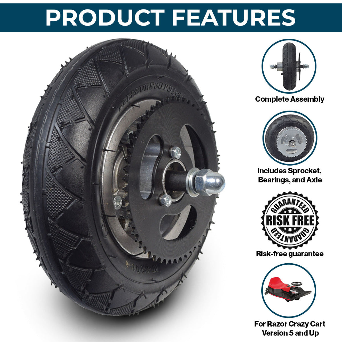 Front Wheel Assembly for the Razor Crazy Cart (Versions 5+) & Crazy Cart DLX (Versions 1+), featuring a black tire with metal rim, chain sprocket, axle, and pre-installed wheel bearings.