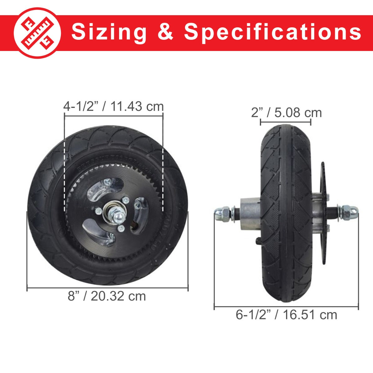 Front Wheel Assembly for the Razor Crazy Cart (Versions 5+) & Crazy Cart DLX (Versions 1+), featuring a 200x50 tire on a metal rim with inner tube, chain sprocket, axle, and pre-installed bearings.