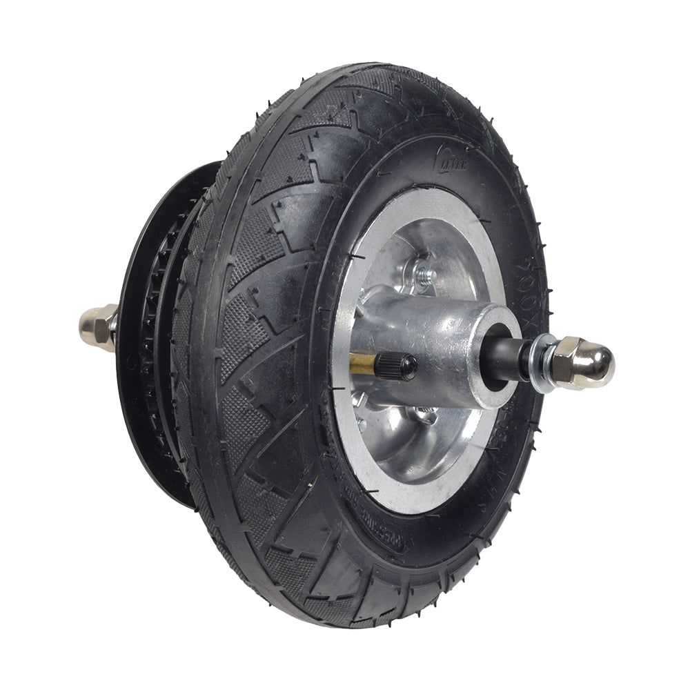 Front Wheel Assembly for the Razor Crazy Cart XL, featuring a black and silver wheel with a metal hub, pneumatic tire, and chain sprocket, essential for maintaining your go-kart's performance.