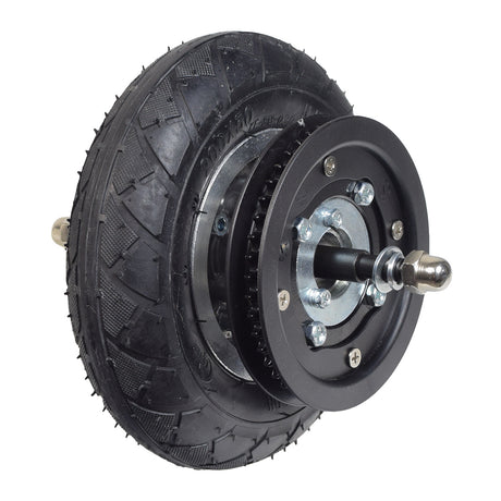 Front Wheel Assembly for the Razor Crazy Cart XL, featuring a black pneumatic tire, metal disc, hub, rim, chain plate, sprocket, and axle rod visible in the close-up image.