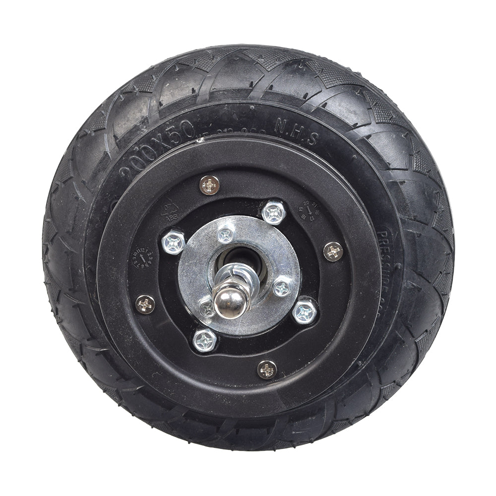 Front Wheel Assembly for the Razor Crazy Cart XL, featuring a black pneumatic tire, metal hub, rim, chain plate, sprocket, and 9 axle rod with bearings, ideal for Versions 1-4 or 5+.