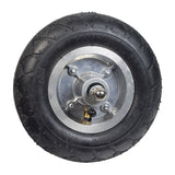 Front Wheel Assembly for the Razor Crazy Cart XL, showing a close-up of the metal rim, hub, and sprocket, with a 200x50 pneumatic tire and angled valve stem prominently visible.