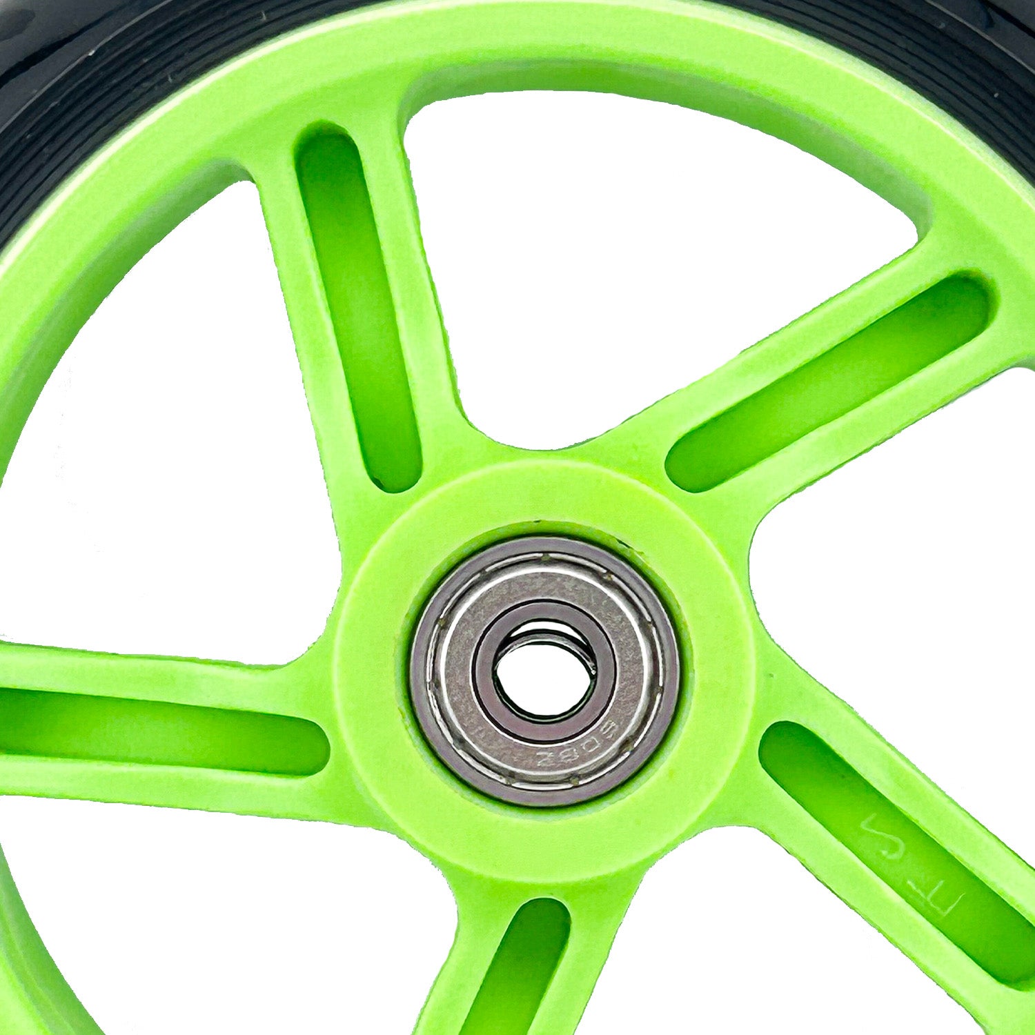 Front Wheel for the Razor Power Core 90 & Power Core E90, featuring a green rim, black tire, and pre-installed bearings, designed for easy replacement on compatible electric scooters.