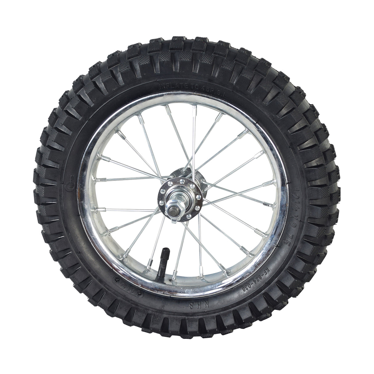 Front Wheel Assembly for the Hyper HPR 350 Electric Motorcycle, featuring a black tire with silver wire spokes, knobby tread, and inner tube with straight Schrader valve, measuring 12 x 2.75.