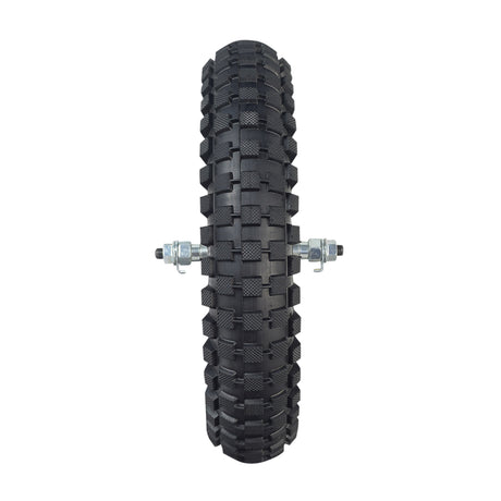 Front Wheel Assembly for the Razor MX350 (Versions 9+) and MX400 (Versions 1+), featuring a black tire with studs, wire spokes, and an included axle, wheel, and inner tube.