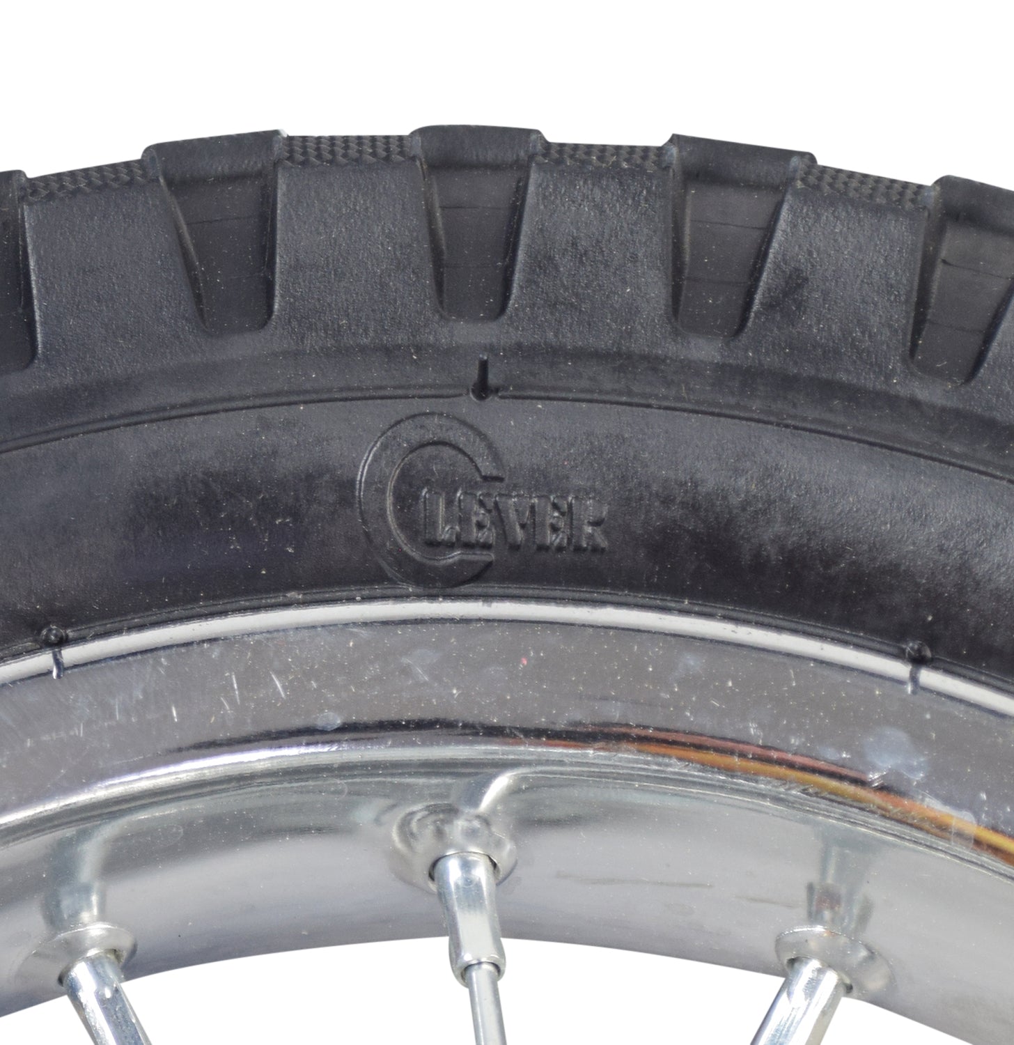 Front Wheel Assembly for the Hyper HPR 350 Electric Motorcycle, featuring a close-up of the tire with knobby tread, wire spokes, and straight Schrader valve inner tube.