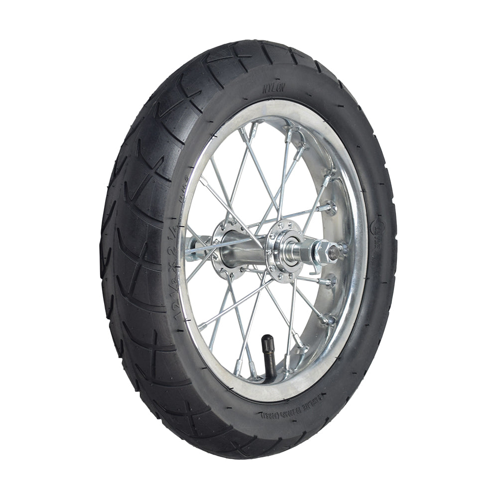 Front Wheel Assembly with Wire Spoke Rim for the Razor Pocket Mod (Versions 13+), featuring a black tire with silver spokes, inner tube, and rim, designed for OEM and compatible models.