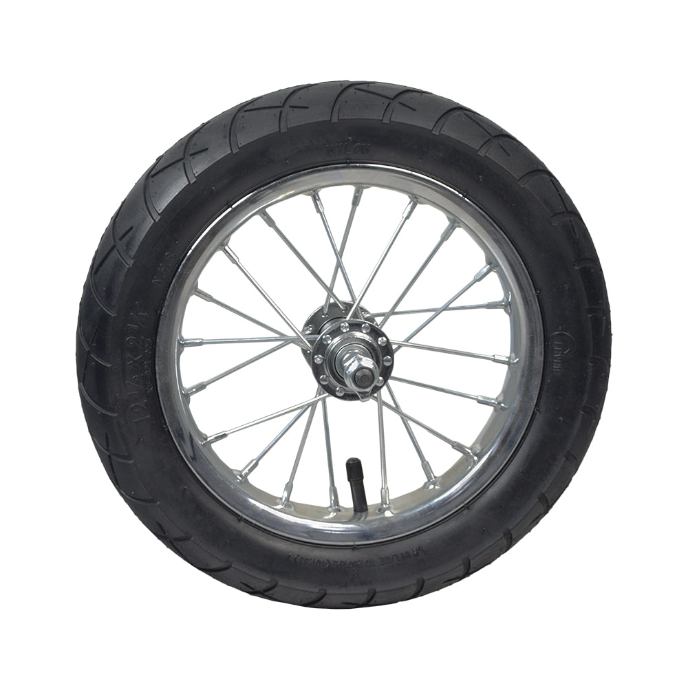 Front Wheel Assembly with Wire Spoke Rim for the Razor Pocket Mod (Versions 13+), featuring a black tire with silver spokes, including inner tube and tire measuring 12-1/2 X 2-1/4.