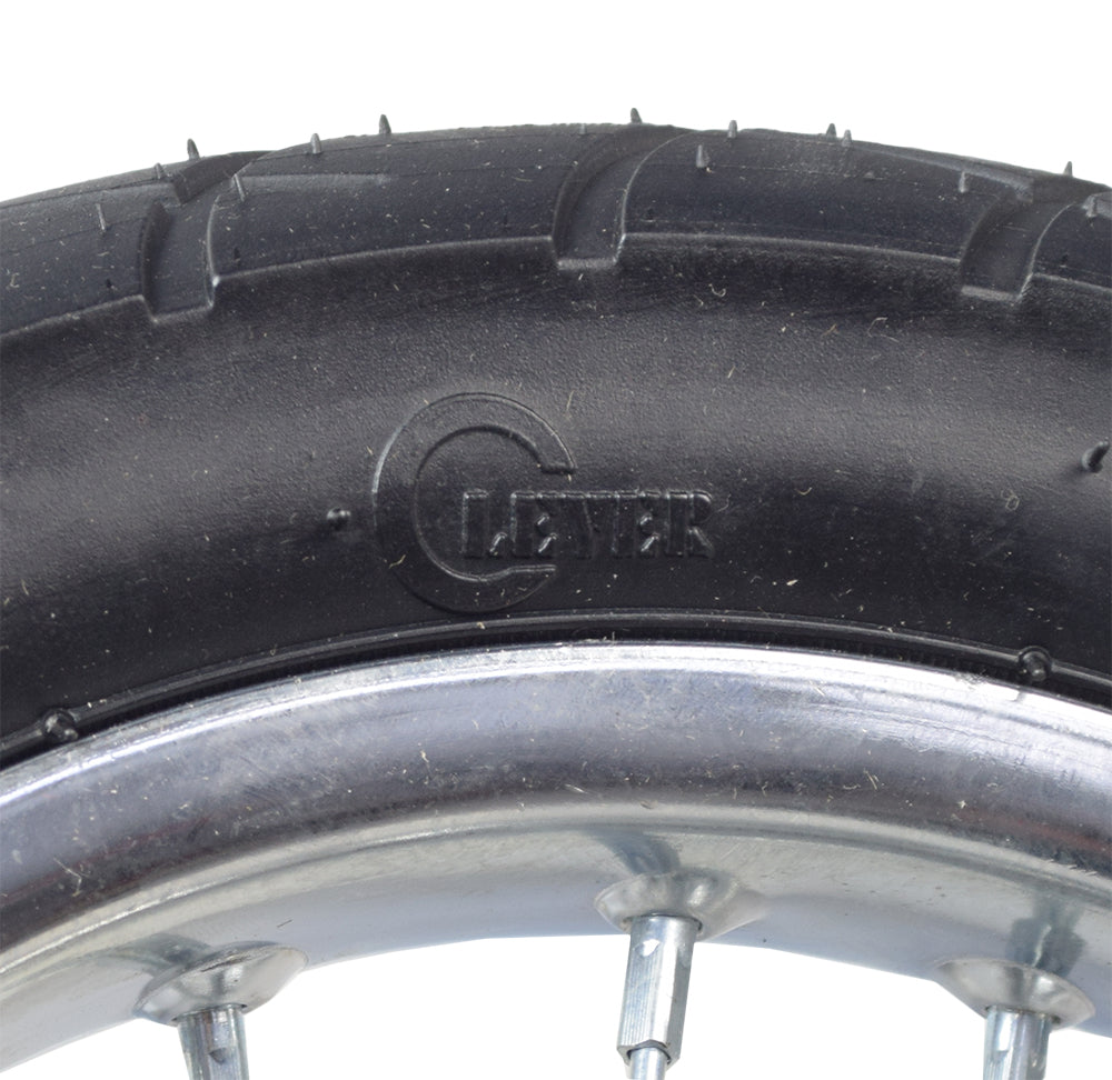 Close-up of the Front Wheel Assembly with Wire Spoke Rim for the Razor Pocket Mod (Versions 13+), showing the tire's tread and metal spokes, including the inner tube and tire measuring 12-1/2 x 2-1/4.