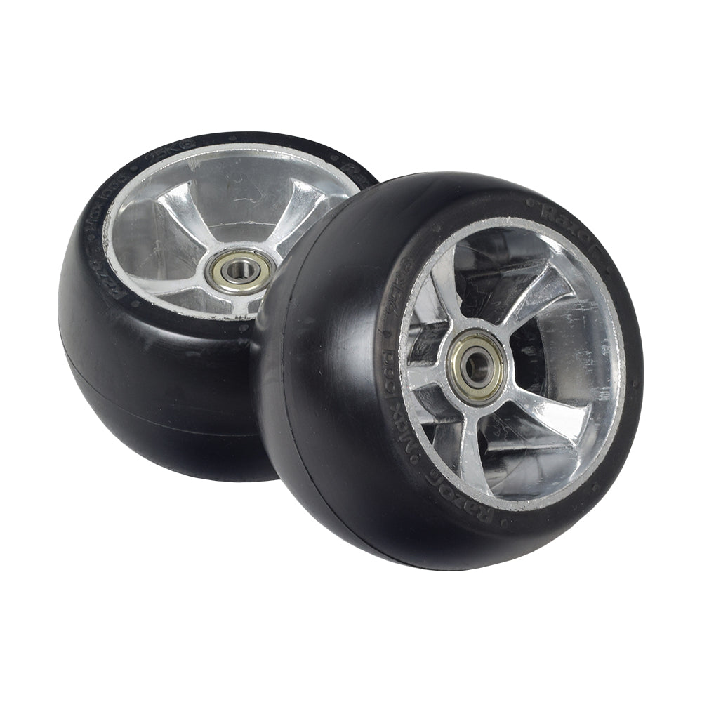 Solid Front Wheels for the Razor Ground Force, Ground Force Drifter, & Ground Force Drifter Fury Go-Karts (Set of 2) featuring close-up views of black wheels with central metal hubs and 608Z bearings.