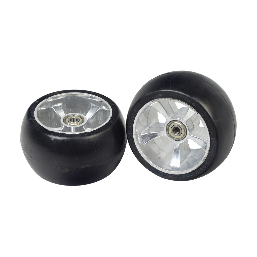 Solid Front Wheels for the Razor Ground Force, Ground Force Drifter, & Ground Force Drifter Fury Go-Karts (Set of 2), showcasing black wheels with silver rims and 608Z bearings, close-up view included.