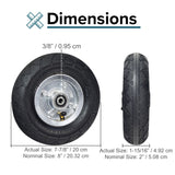 200x50 (8x2) Front Wheel Assembly for Razor E150 electric scooter, featuring a tire with tread, black ABS plastic rim, complete with inner tube, 4-1/16 axle, and wheel bearings.