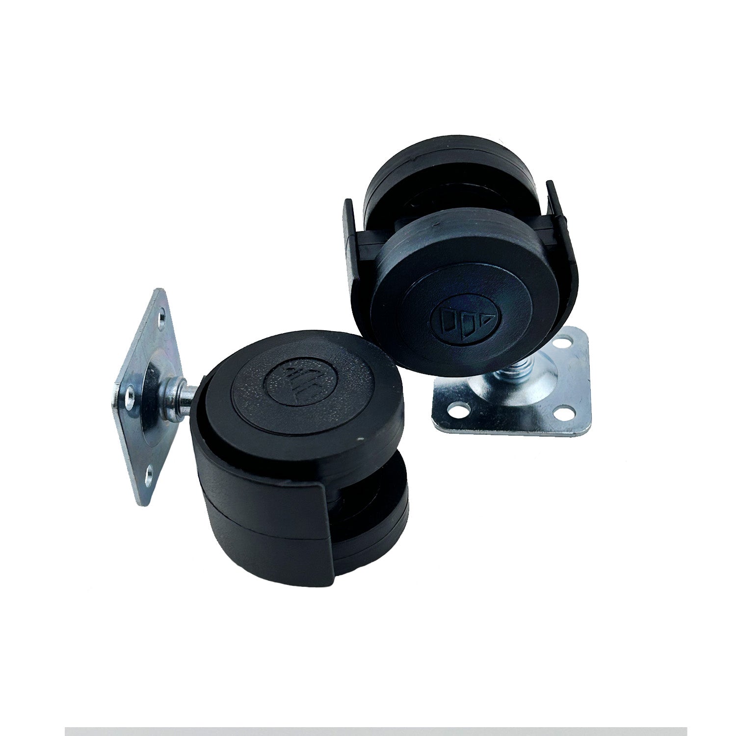 Caster Wheel for Flybar Electric Bumper Cars: a pair of black wheels with metal corners and screws, designed as replacement parts for Flybar electric bumper cars.