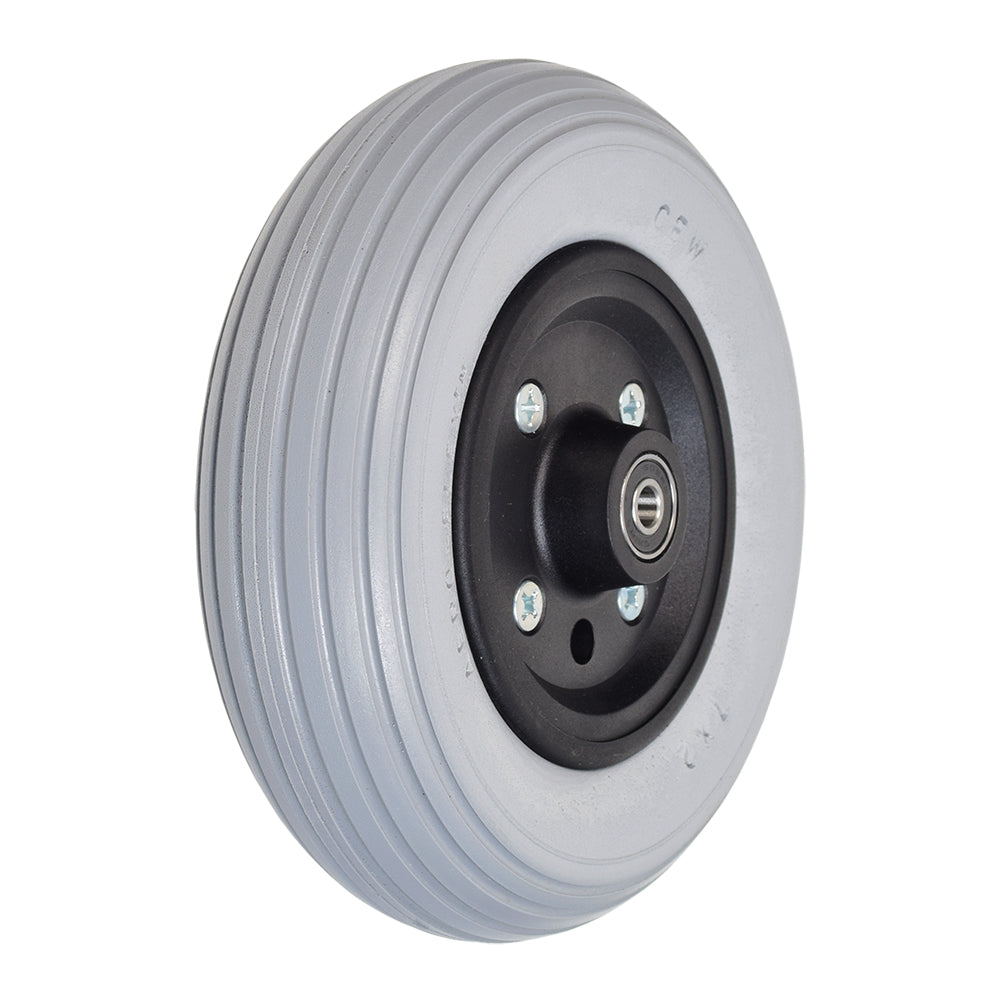 7x2 Caster Wheel, 2-Piece with Urethane Rib Tire, featuring a close-up view of the black and silver wheel's solid multi-rib design, suitable for Quickie power chair models.