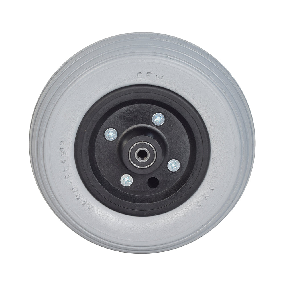 7x2 Caster Wheel, 2-Piece with Urethane Rib Tire, close-up view showing the black and grey rim, solid multi-rib design, and hub assembly.