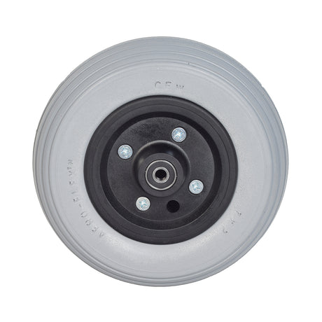 7x2 Caster Wheel, 2-Piece with Urethane Rib Tire, close-up view showing the black and grey rim, solid multi-rib design, and hub assembly.