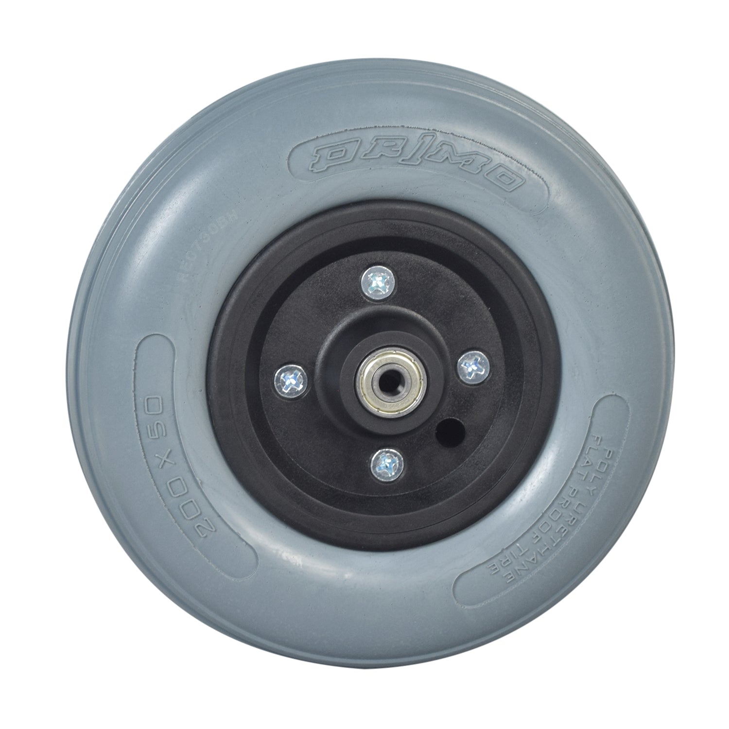 8x2 (200x50) Caster Wheel Assembly with Solid Urethane Tire for Hoveround® MPV4®, MPV5®, and Teknique® FWD; features black and grey rubber rim, ball bearings, and visible screws.