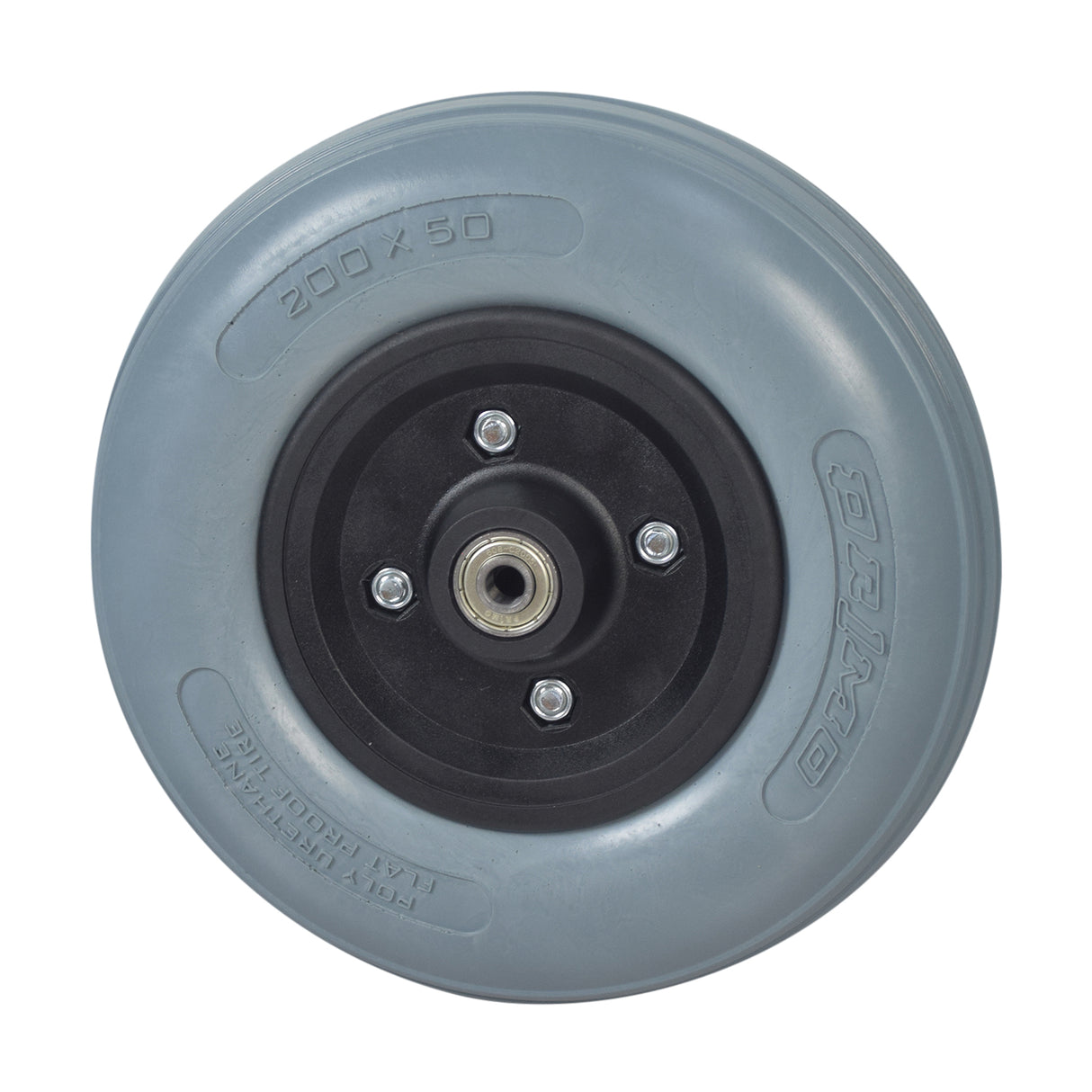 8x2 (200x50) Caster Wheel Assembly with Solid Urethane Tire for the Hoveround® MPV4®, MPV5®, and Teknique® FWD, featuring a black rim and close-up views of its ball bearings.