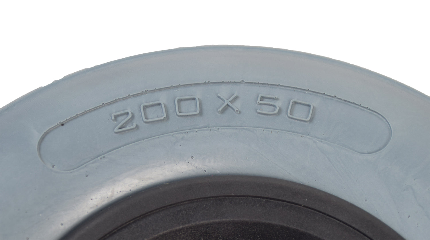 Close-up of the 8x2 (200x50) caster wheel assembly with a solid urethane tire, showcasing its robust design and ball bearings for Hoveround® MPV4®, MPV5®, and Teknique® FWD power chairs.