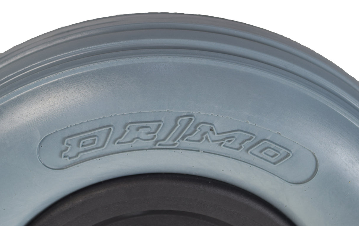 Close-up of an 8x2 (200x50) caster wheel assembly with a solid urethane tire, showcasing detailed tread pattern, compatible with Hoveround® MPV4®, MPV5®, and Teknique® FWD power chairs.