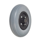 8x2 caster wheel with 2-1/2 hub and urethane tire, featuring a black rim and metal center, designed as an economical replacement for Invacare power chairs, with pre-installed 7/16 1607-RS bearings.