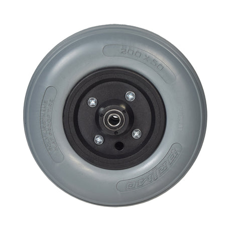 8x2 (200x50) Caster Wheel with 2-1/2 Hub and Urethane Tire for Invacare power chairs, featuring a black rim, pre-installed 7/16 1607-RS bearings, and visible screws.