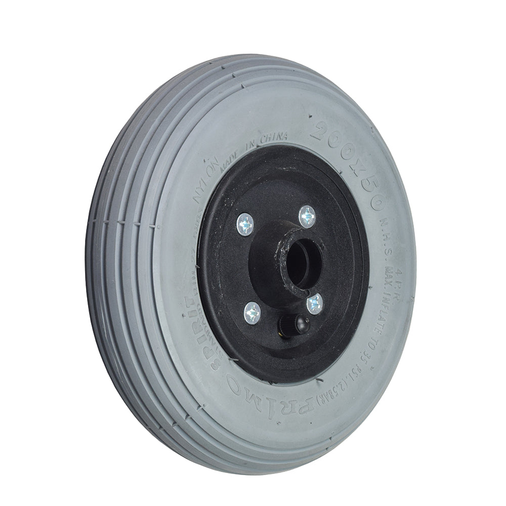 8x2 (200x50) Caster Wheel with 2-1/2 Hub and Pneumatic Tire, featuring a black rubber rim and metal hub, designed as a replacement for Invacare power chairs.