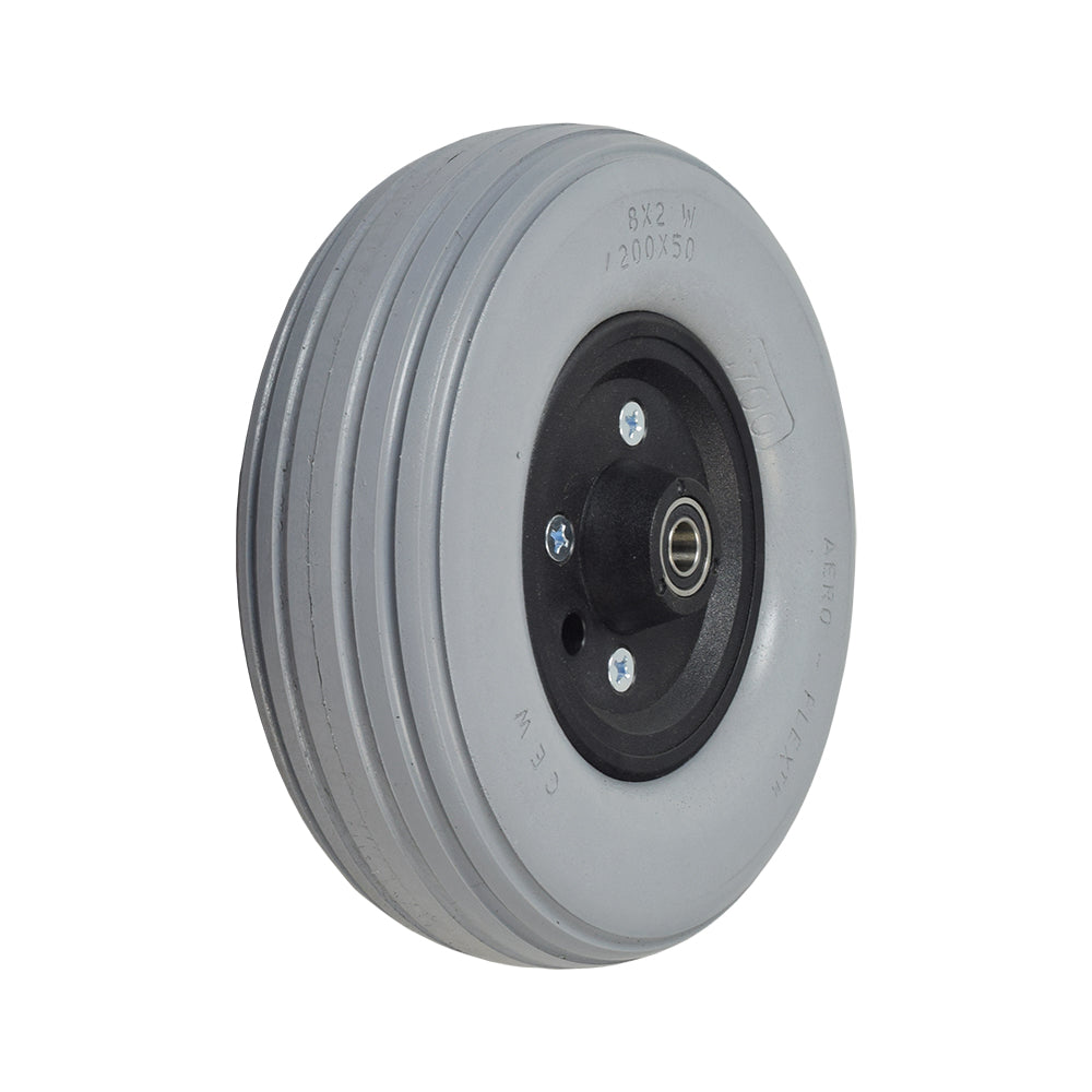 8 x 2 Solid Urethane Caster Wheel Assembly for Invacare Power Chairs featuring a black rim and solid urethane tire with a silver hub, designed for durability and flat-free performance.