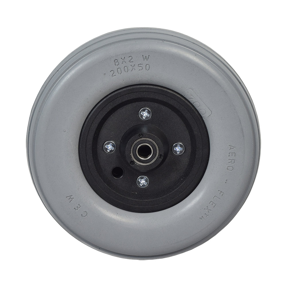 8 x 2 Solid Urethane Caster Wheel Assembly for Invacare Power Chairs featuring a close-up view of the wheel, screws, and solid urethane tire, ideal for flat-free performance.