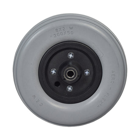 8 x 2 Solid Urethane Caster Wheel Assembly for Invacare Power Chairs featuring a close-up view of the wheel, screws, and solid urethane tire, ideal for flat-free performance.