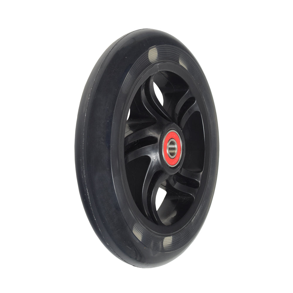 140 mm front wheel for the Razor E90 Accelerator, Pulse Reverb, and Pulse Revster electric scooters, featuring a black tire and red center, with pre-installed 608Z bearings. Ideal for scooter replacements.