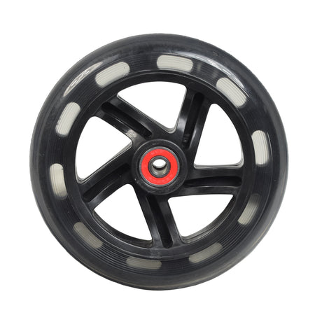 140 mm Front Wheel for the Razor E90 Accelerator, the Pulse Reverb, & the Pulse Revster Electric Scooters; features a black wheel with white dots and a red center, pre-installed with 608Z bearings.