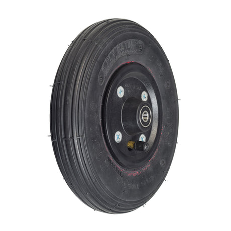 8x2 (200x50) Pneumatic Black Caster Wheel Assembly with Bearings and Black Split Rim, featuring a ribbed Kenda tire and 608RS bearings, perfect for power chair casters.