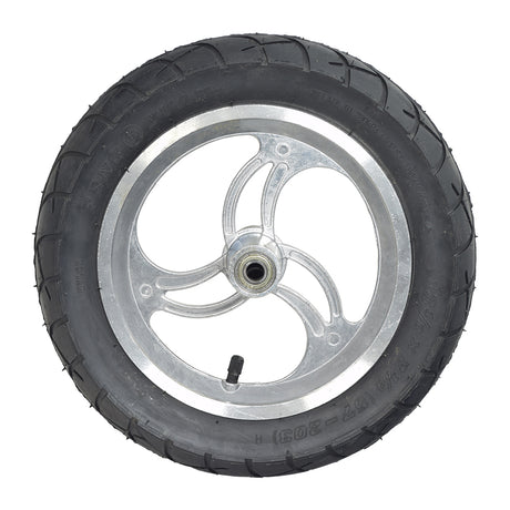 12-1/2 x 2-1/4 Front Wheel Assembly with Axle (Curved Spokes) featuring a wide tread tire, inner tube, pre-installed 6001RZ bearings, and a metal rim, suitable for electric scooters.