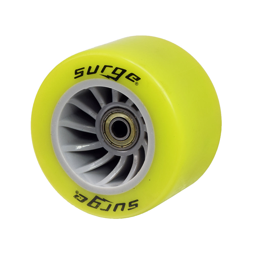 85 mm Wheel Assembly for the Surge Electric Skateboard, featuring a yellow wide tire with black text, hub, two ABEC 5 608ZZ bearings, and spacer. Suitable for front and rear axles.