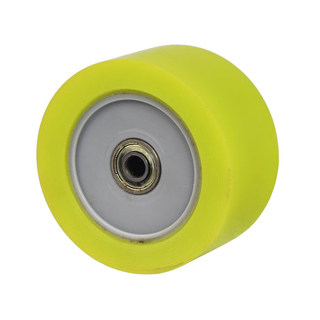 85 mm Wheel Assembly for the Surge Electric Skateboard, featuring a yellow wheel with a central hole, complete with hub, bearings, spacer, and wide tire with logo.