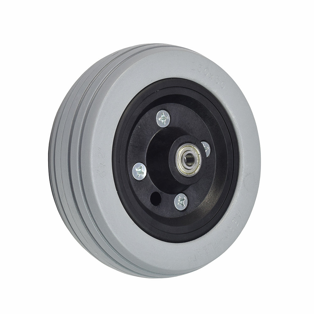 6x2 (150x50) Universal Anti-Tip & Caster Wheel with solid gray, ribbed tread tire on a split-rim, featuring an installed spacer and 608Z bearings, suitable for various power chair models.