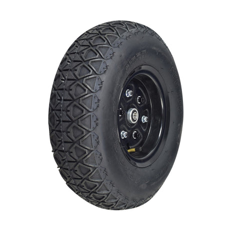 Front Wheel Assembly for the Razor Dirt Quad 500, featuring a black tire with detailed tread, black rim, and visible bolts, showcasing the complete assembly including inner tube and bearings.