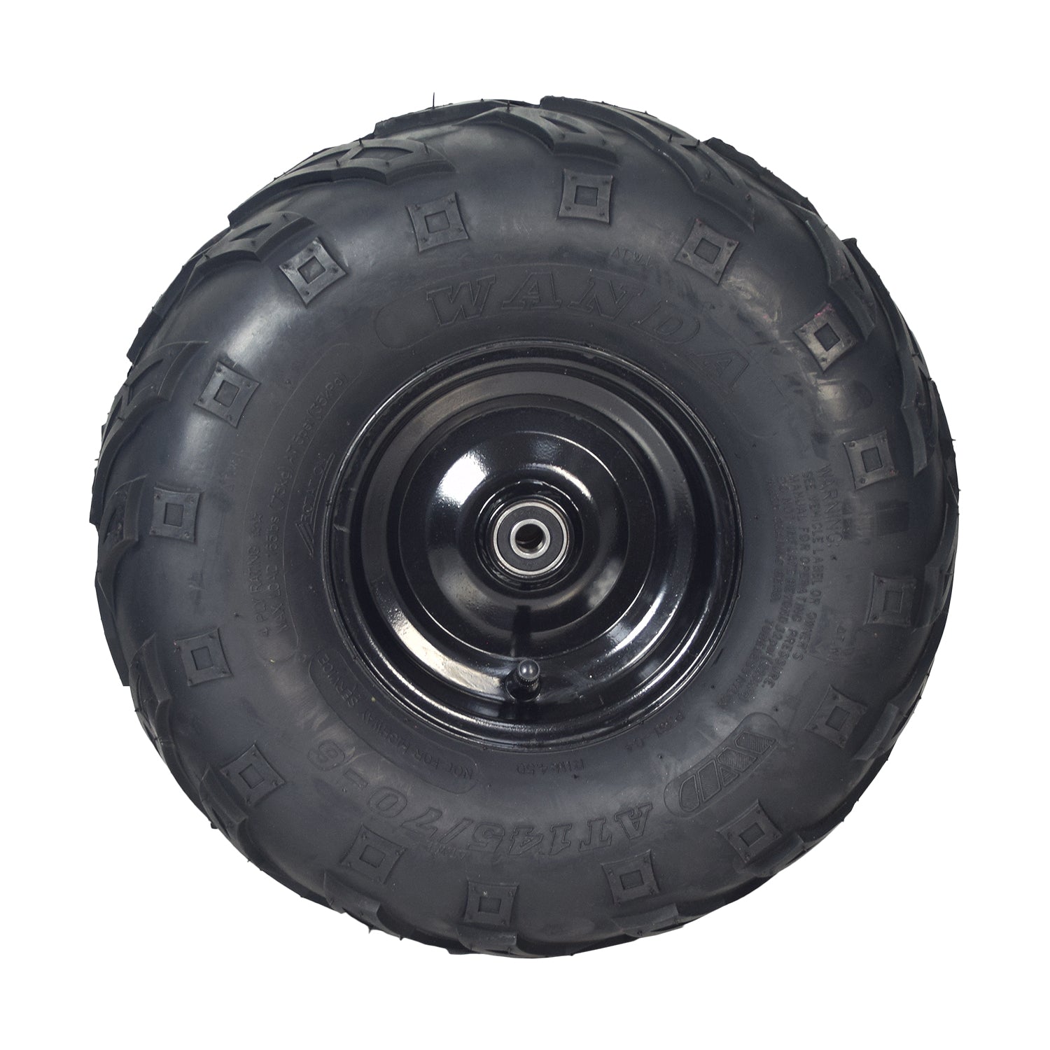 Front Wheel Assembly with Rim & Tire for Coleman KT196 & CK196 196cc 6.5 Hp Go-Karts, featuring a black steel rim and a V-tread directional tire, designed for enhanced track or trail traction.