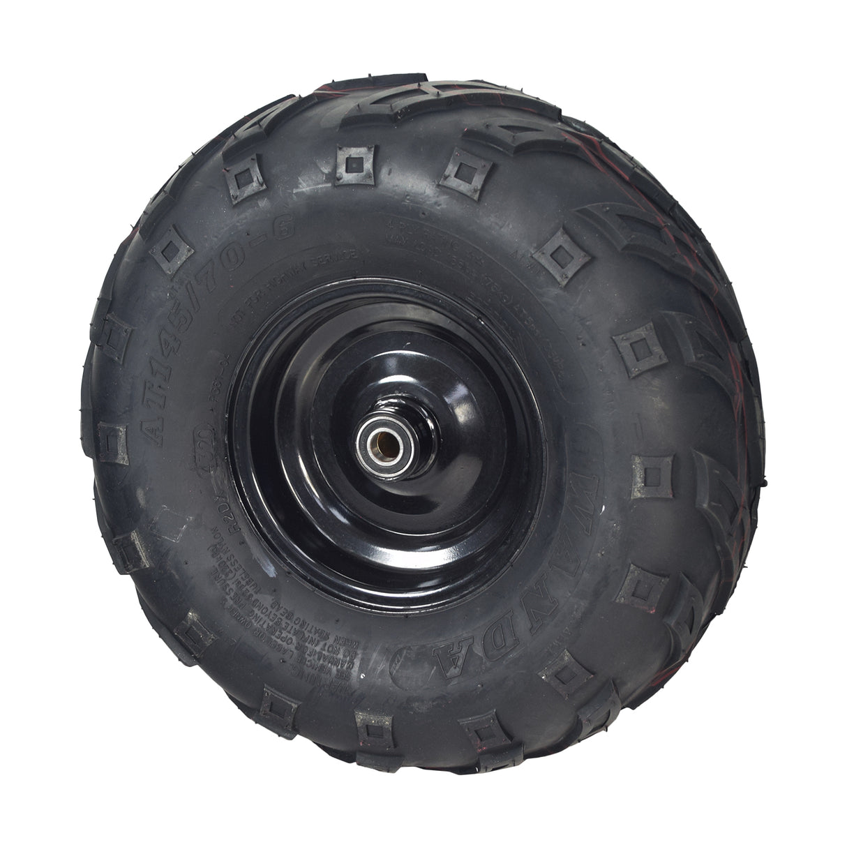 Front Wheel Assembly with Rim & Tire for Coleman KT196 & CK196 196cc 6.5 Hp Go-Karts, featuring a metal wheel with a sturdy V-tread directional tire designed for enhanced traction on various terrains.