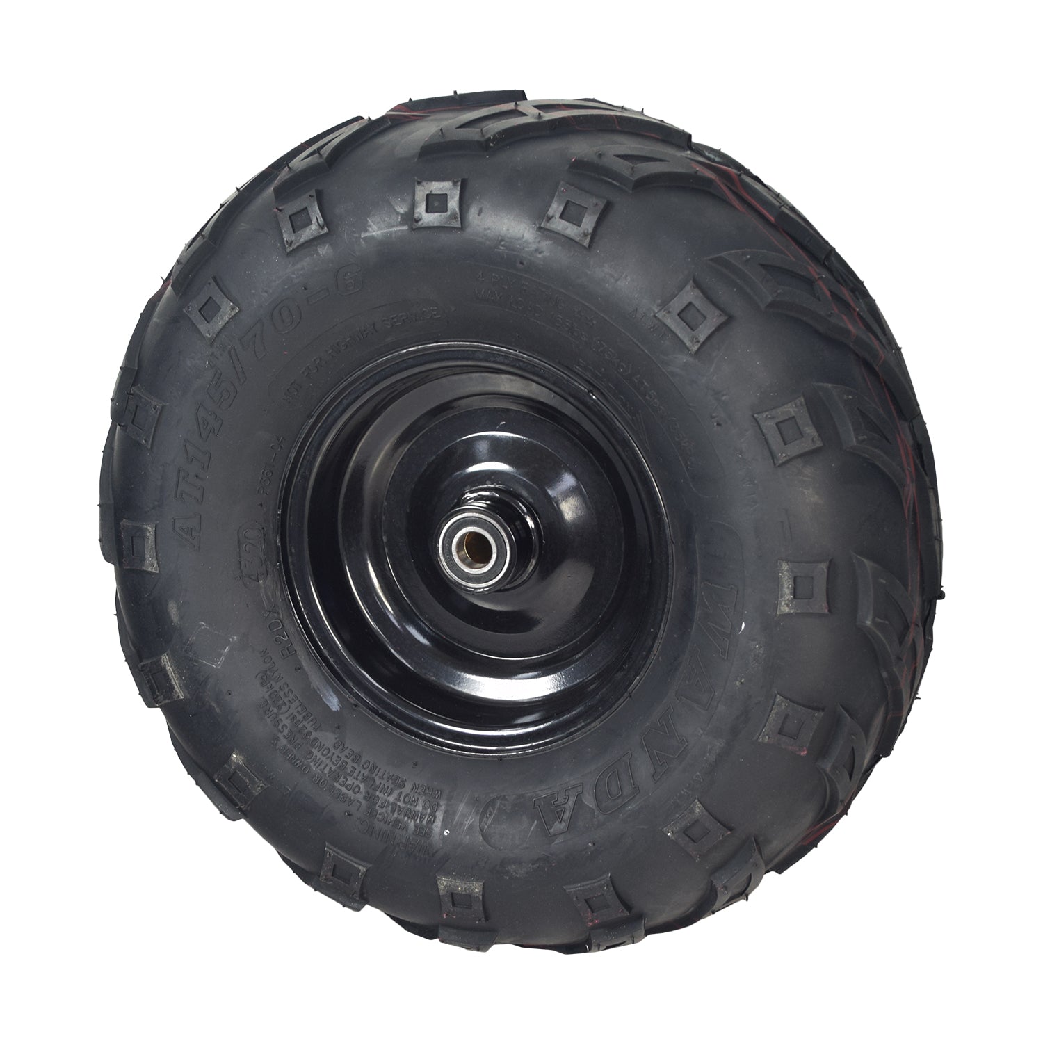 Front Left Wheel Assembly with Rim & Tire for Coleman KT196 & CK196 196cc 6.5 Hp Go-Karts, featuring a 145/70-6 steel rim and robust V-tread tire for optimal traction.